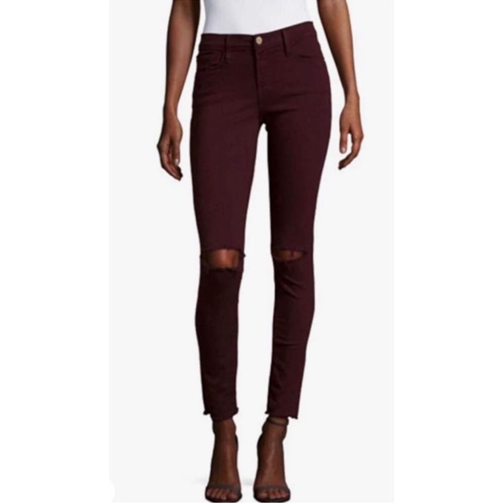 Frame Denim 28 Le Skinny de Jeanne Mahogany Rips Purple Stretch Low Rise Destroy